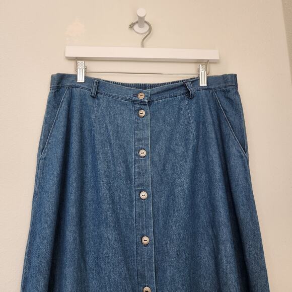Vintage 80s Denim Midi Skirt Chambray Button Front A-Line Prairie Skirt  L - Picture 2 of 9